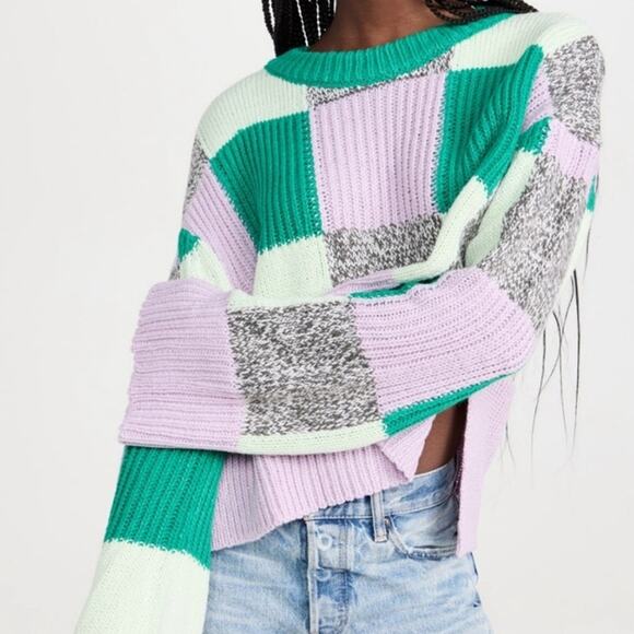 For Love & Lemons Green Colorblock Finley Cropped Oversized Sweater Sz XS NWT - Picture 5 of 15